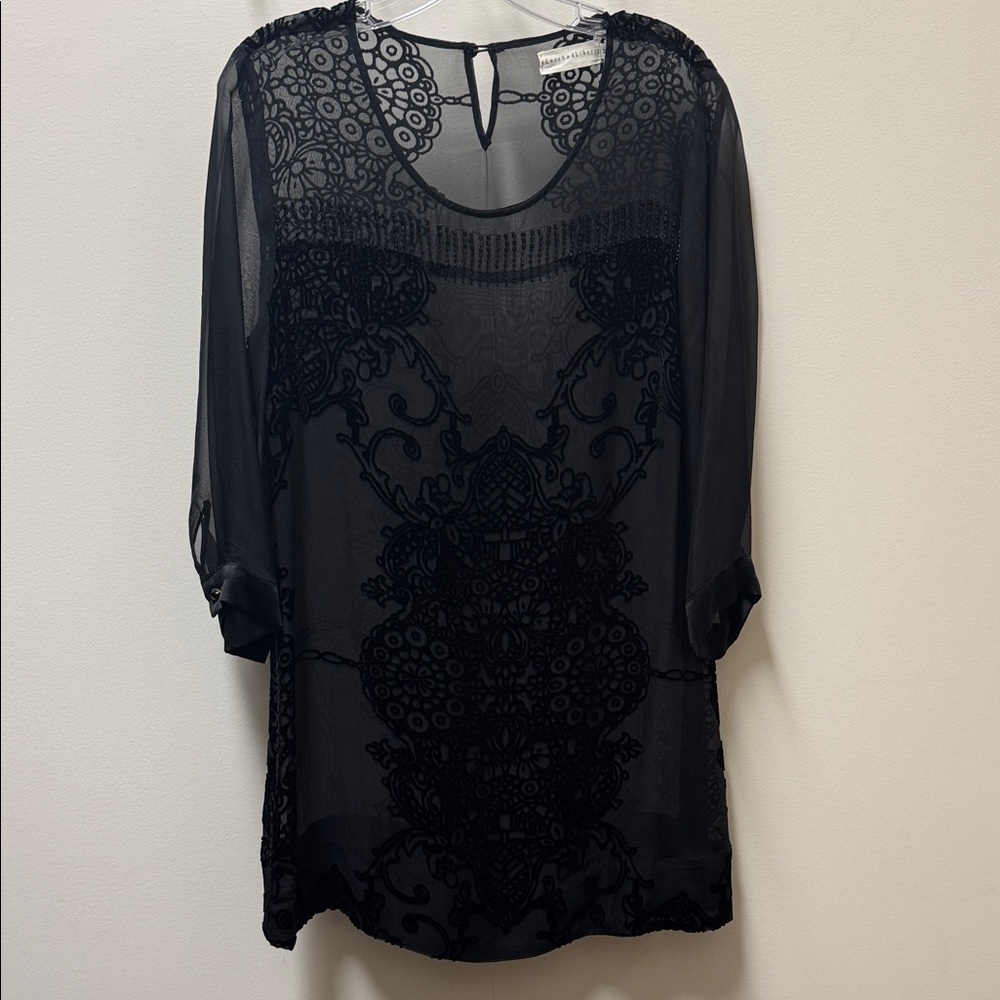 Johnny Was Love and Liberty Black Sheer Tunic with Velvet